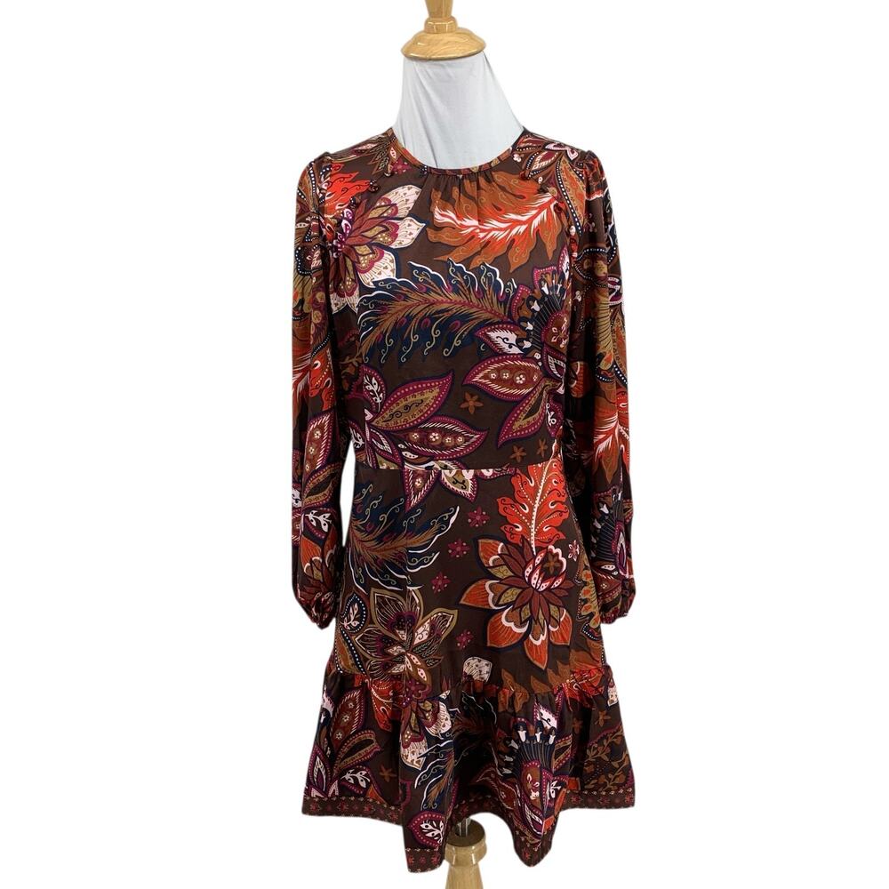 Loft Dress Women 0 Folk Paisley Fit & Flare Long Sleeve Shirred Flounce Hem Mini